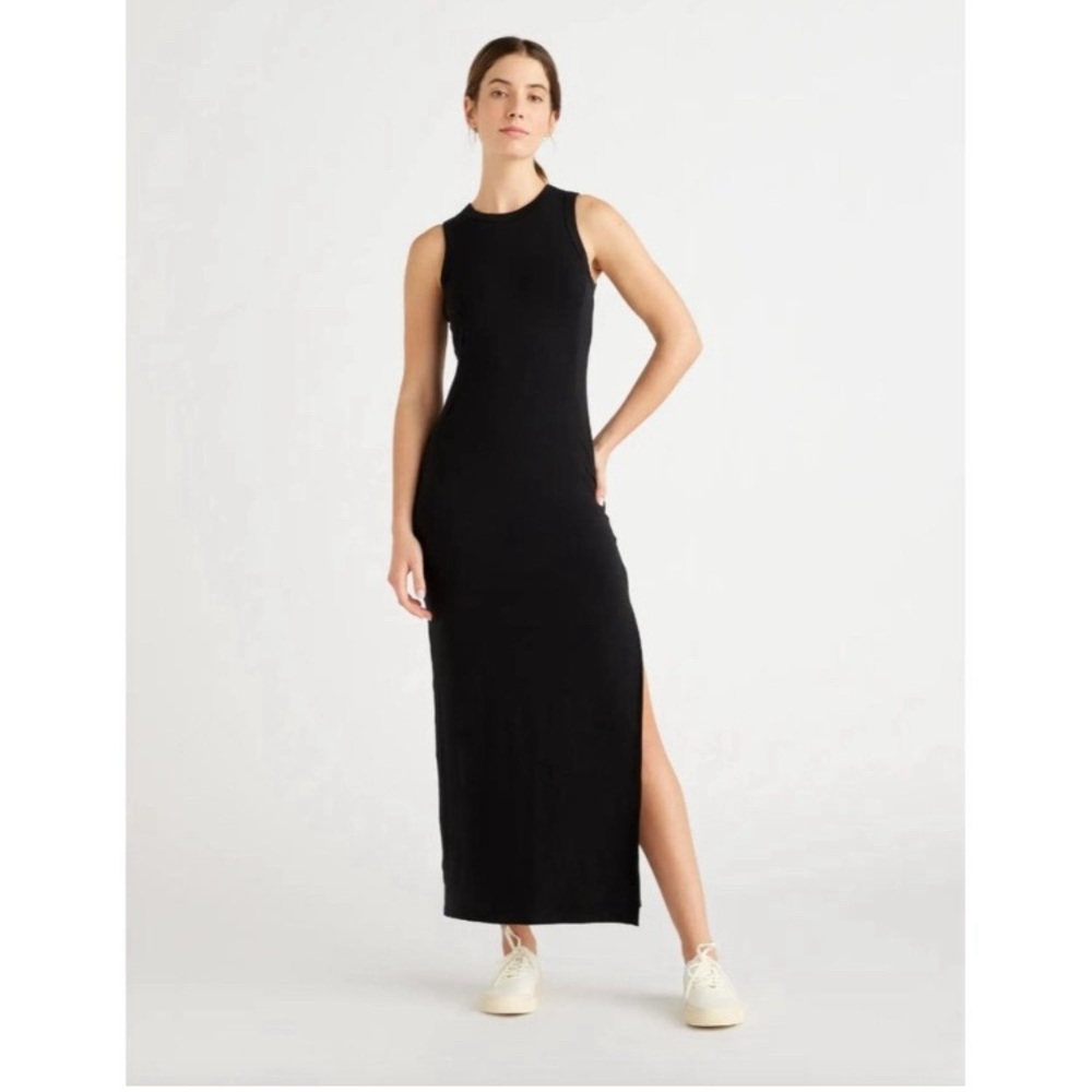 Quince Women’s Black Tencel Jersey Tank Maxi Dress sz M NWT Side Slit Sleeveless